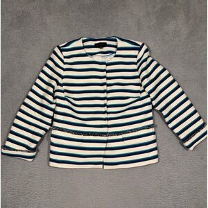 Talbots Women's Striped Blazer Jacket Size 8 Navy Teal White Fringe Collarless